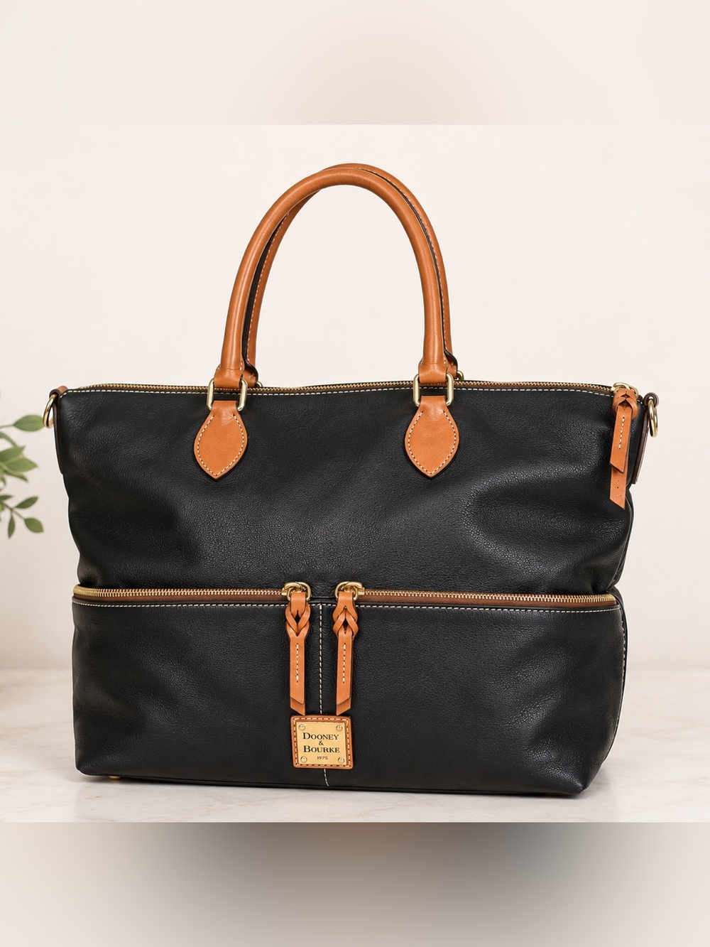 Dooney & Bourke Black Duffel with Tan Leather Trim